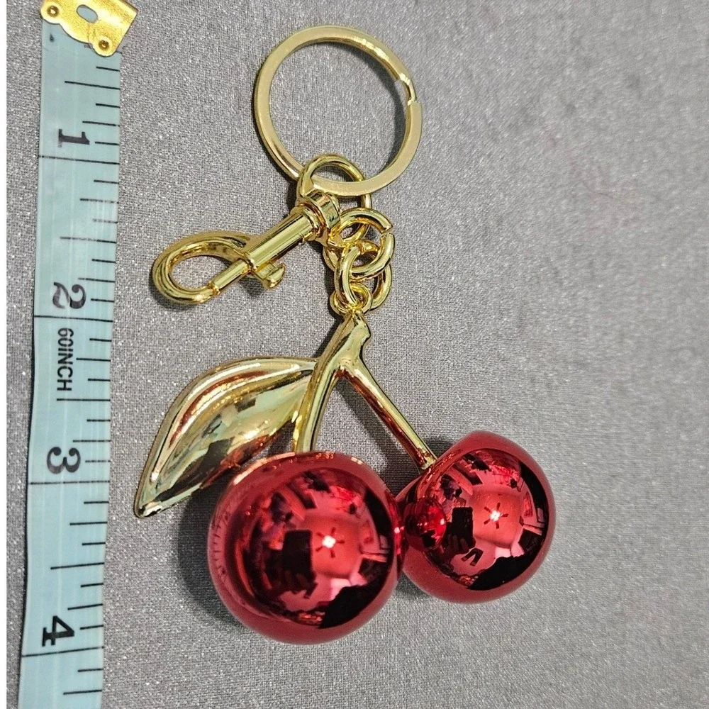 Red Cherry Keychain Gold Tone Bag Charm Fruit Key Ring Accessory Retro Coquette